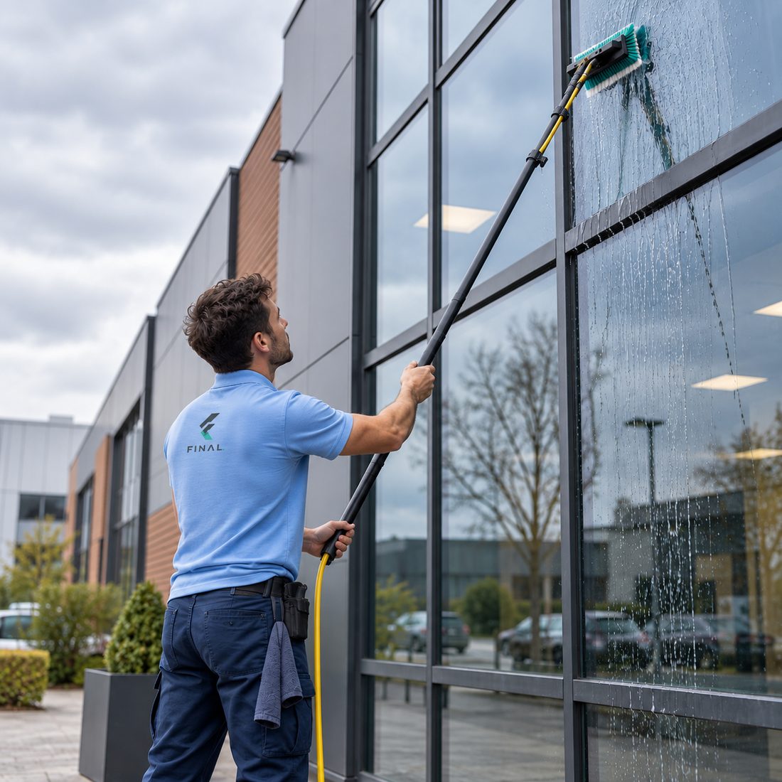 Glazenwasser van Final Facility reinigt met een telescoopstang de ramen van een bedrijfspand in Alkmaar